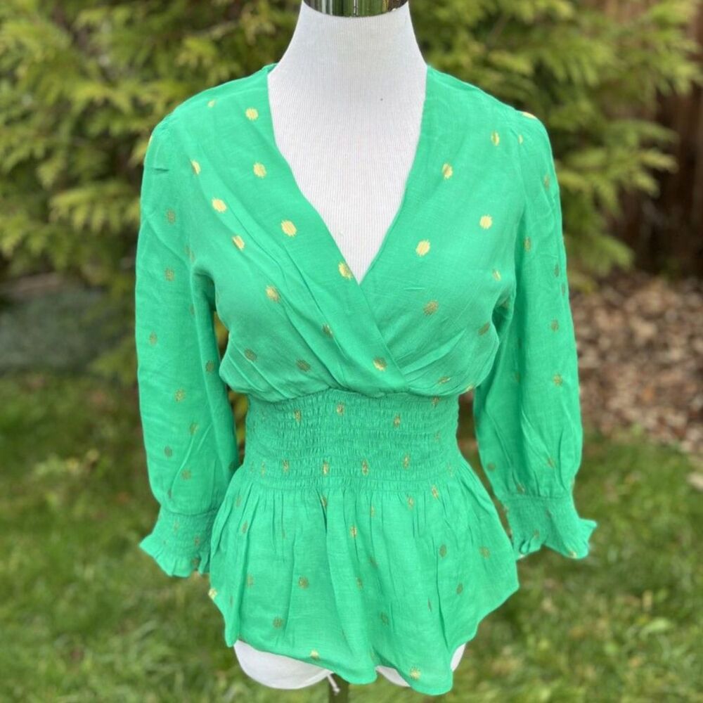 Harve‎ Bernard Palm Green Blouse with Gold Foil – Size Small – NWT